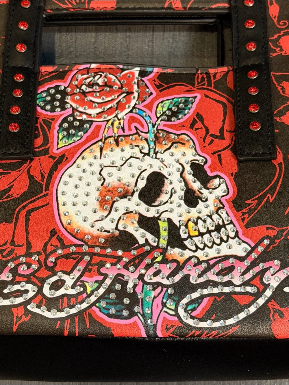 Ed Hardy Black & Red Rose Skull Tote with Stud Accents - Picture 4 of 8